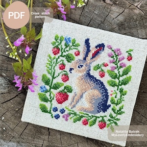 Primitiver Hase Kreuzstichmuster PDF Sofortiger Download, Hase PDF Sofort-Download Kreuzstichmuster, Kaninchen-Sampler Kreuzstichmuster
