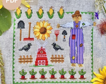 Scarecrow Sampler Cross Stitch Pattern: Autumn Farmhouse Design (PDF Pattern)