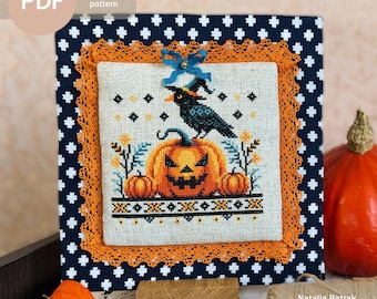 Primitive Pumpkin And Crow Sampler - Halloween Cross Stitch Pattern PDF Instant download