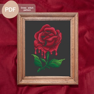 Dripping Rose Cross Stitch Pattern PDF, Instant Digital Download, Gothic Rose Cross Stitch Pattern, Halloween Cross Stitch Pattern