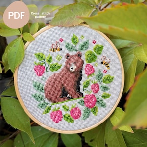 Bear and Raspberries Cross Stitch Pattern: Primitive Sampler (PDF Download)