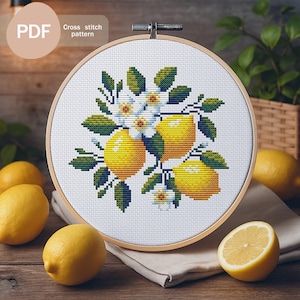 Lemons Cross Stitch Pattern PDF Instant Download – Citrus Fruit Cross Stitch Design with Blossoms, Summer Kitchen Cross Stitch Pattern