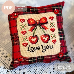 Cherry Love Cross Stitch Pattern: Valentine&#39;s Day Bow Design (PDF Download)
