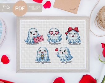 Valentine's Day Ghosts Cross Stitch Pattern: Whimsical Love (PDF Download)