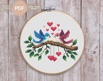 Love Birds Cross Stitch Pattern, Valentines Day (PDF Download)