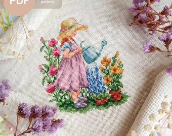 Kreuzstichmuster Mädchen mit Gießkanne Gartenstickerei PDF