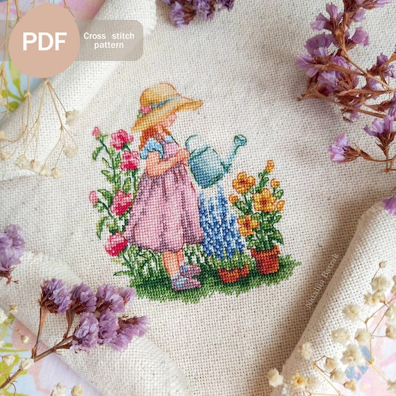 じょうろを持つ少女のクロスステッチパターン、ガーデン刺繍（PDF