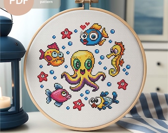 Sea Animals Cross Stitch Pattern, Ocean Nursery Design (PDF Pattern)