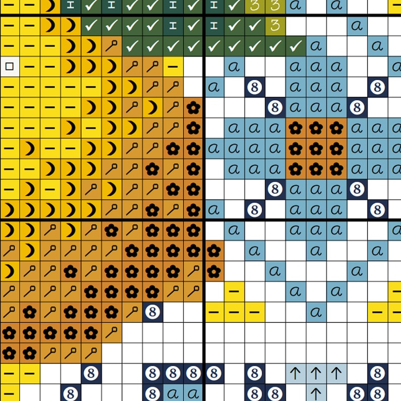 May include: A cross-stitch pattern chart with a color-coded grid. The chart features symbols, numbers, and letters in various colors, including yellow, blue, and brown. The design appears to be floral.