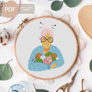 Knitter cross stitch pattern, PDF Instant Download, Grandmother cross stitch pattern, Grandma embroidery pattern