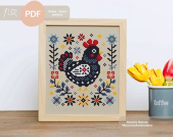 Folk art hen Cross stitch pattern PDF Instant download, Chicken cross stitch pattern Scandinavian cross stitch Primitive cross stitch