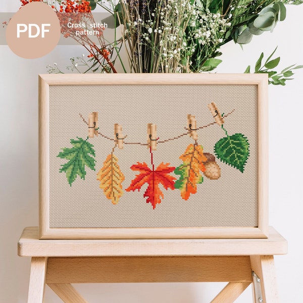 Fall leaves garland Cross Stitch Pattern PDF, Instant Digital Download, Fall Cross Stitch Pattern, Autumn Embroidery Pattern, Leaves on pegs