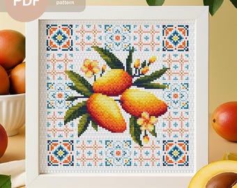 Mango con patrón de punto de cruz de azulejos mediterráneos: Diseño de cocina con frutas tropicales (Descarga en PDF)