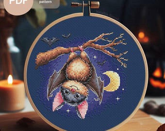 Funny Bat Cross Stitch Pattern: Halloween Embroidery (PDF Download)