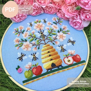 Bees in bloom Cross stitch pattern PDF Instant download, Honey bee Cross Stitch Pattern, Bee primitive sampler Cross stitch pattern