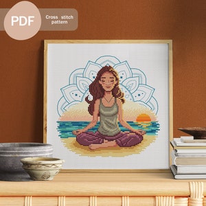 Meditating girl on the beach Cross Stitch Pattern PDF, Instant Digital Download, Yoga Cross Stitch Pattern, Meditation Cross Stitch Pattern