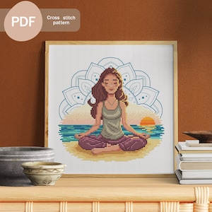 Meditating girl on the beach Cross Stitch Pattern PDF, Instant Digital Download, Yoga Cross Stitch Pattern, Meditation Cross Stitch Pattern