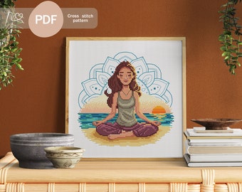 Meditating girl on the beach Cross Stitch Pattern PDF, Instant Digital Download, Yoga Cross Stitch Pattern, Meditation Cross Stitch Pattern