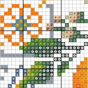 Puede incluir: Un patr&oacute;n de punto de cruz sobre papel cuadriculado. El dise&ntilde;o presenta un tim&oacute;n, estrellas y el n&uacute;mero 8. La paleta de colores incluye naranja, verde, azul y blanco. La letra "a" tambi&eacute;n est&aacute; presente en el dise&ntilde;o.