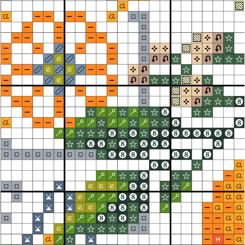 Puede incluir: Un patr&oacute;n de punto de cruz sobre papel cuadriculado. El dise&ntilde;o presenta un tim&oacute;n, estrellas y el n&uacute;mero 8. La paleta de colores incluye naranja, verde, azul y blanco. La letra "a" tambi&eacute;n est&aacute; presente en el dise&ntilde;o.