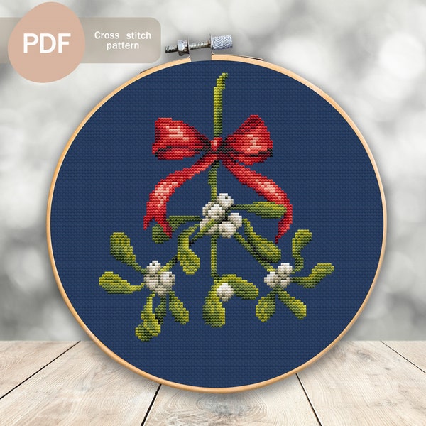 Christmas Mistletoe Cross Stitch Pattern PDF, Instant Digital Download, Hanging Mistletoe With Red Bow Cross Stitch Pattern, Christmas Decor