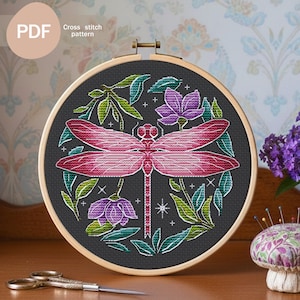 Night Dragonfly Cross Stitch Pattern, Floral Insect Embroidery (PDF Pattern)