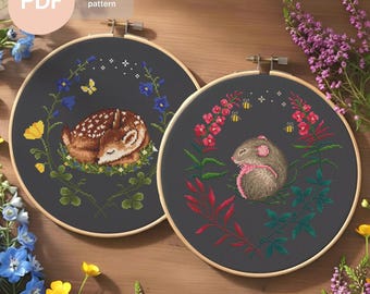 Sleeping Animals Cross Stitch Pattern Set: Mouse, Deer (PDF Digital Download)