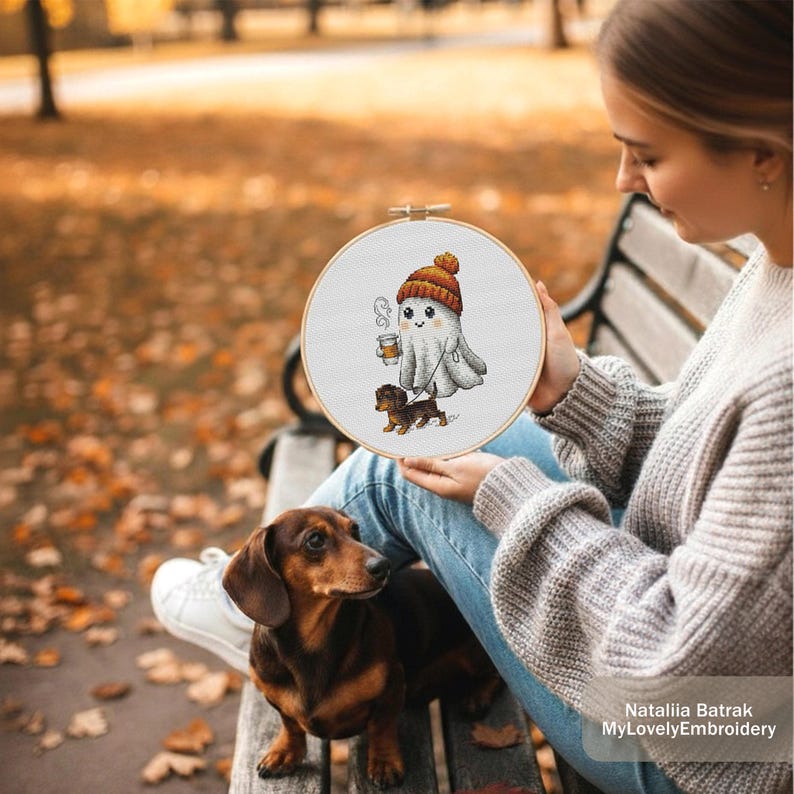 Autumn Ghost & Dachshund Cross Stitch Pattern - Kawaii Halloween ...