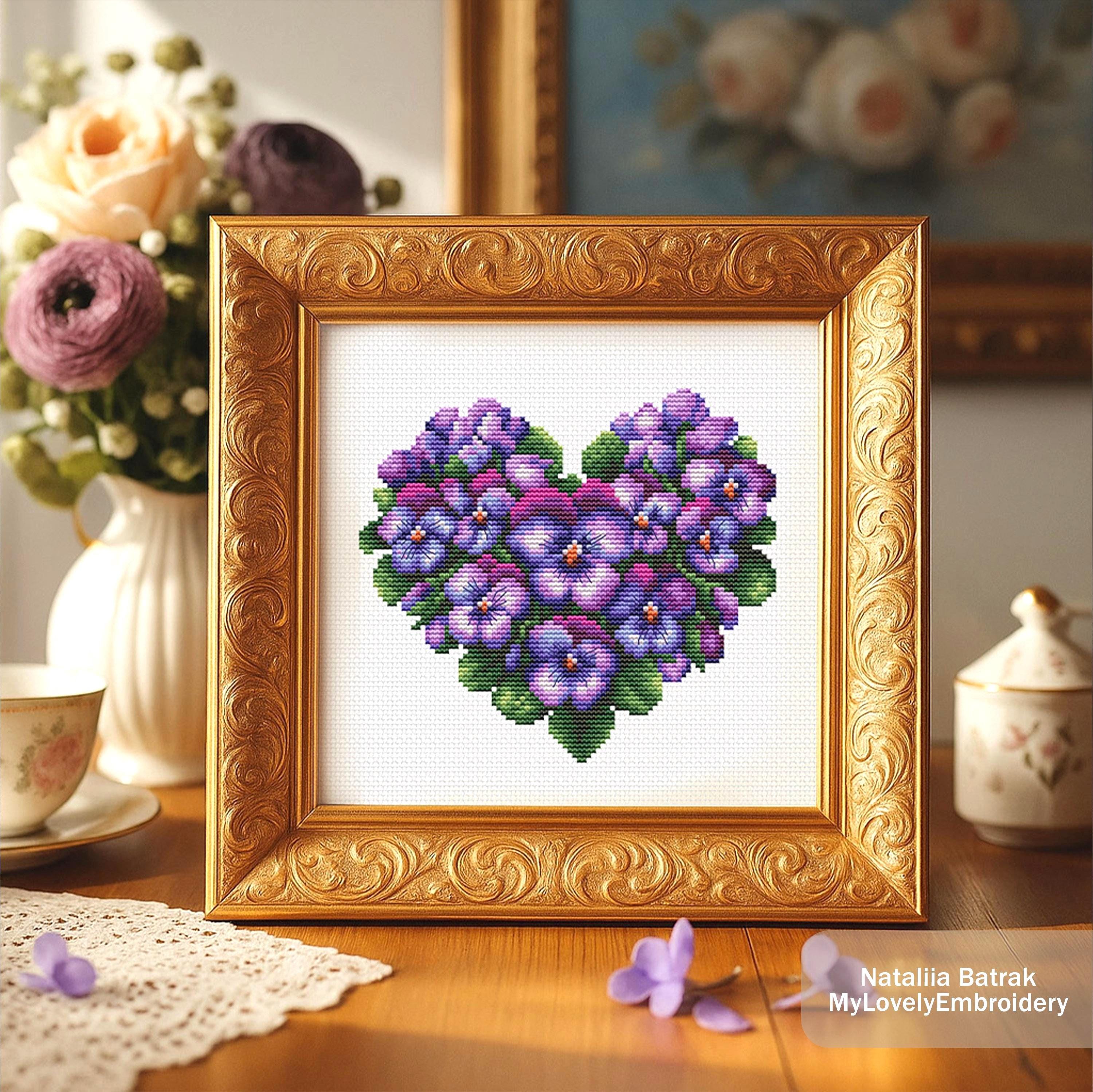 Violet Heart Cross Stitch Pattern: Purple Pansy Floral Design (PDF
