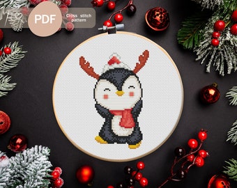 Christmas Penguin Wearing Antlers Cross Stitch Pattern PDF, Instant Digital Download, Winter Cross Stitch  Pattern, Christmas Embroidery