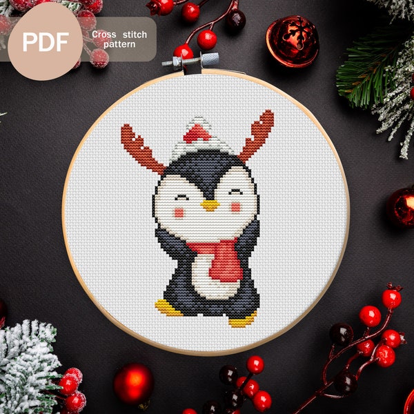 Christmas Penguin Wearing Antlers Cross Stitch Pattern PDF, Instant Digital Download, Winter Cross Stitch  Pattern, Christmas Embroidery