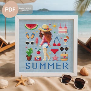 Summer Girl Sampler Kreuzstichmuster PDFSofortdownload, Sommer Urlaub Kreuzstich Muster, Strand Outfit Kreuzstich Muster