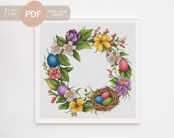 Easter Wreath Cross Stitch Pattern PDF, Instant Digital Download, Easter Cross Stitch, Spring Wreath Cross Stitch Pattern, Easter Decor