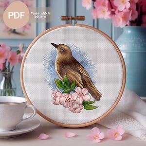 Nightingale On Blossom Cross Stitch Pattern PDF, Instant Digital Download, Bird Cross Stitch Pattern, Flower Cross Stitch, Floral Embroidery