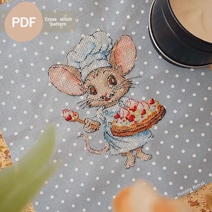 Schattige Baker Mouse-kruissteekpatroon pdf, instant digitale download, Mouse Chef-kruissteekpatroon, keukeninrichting