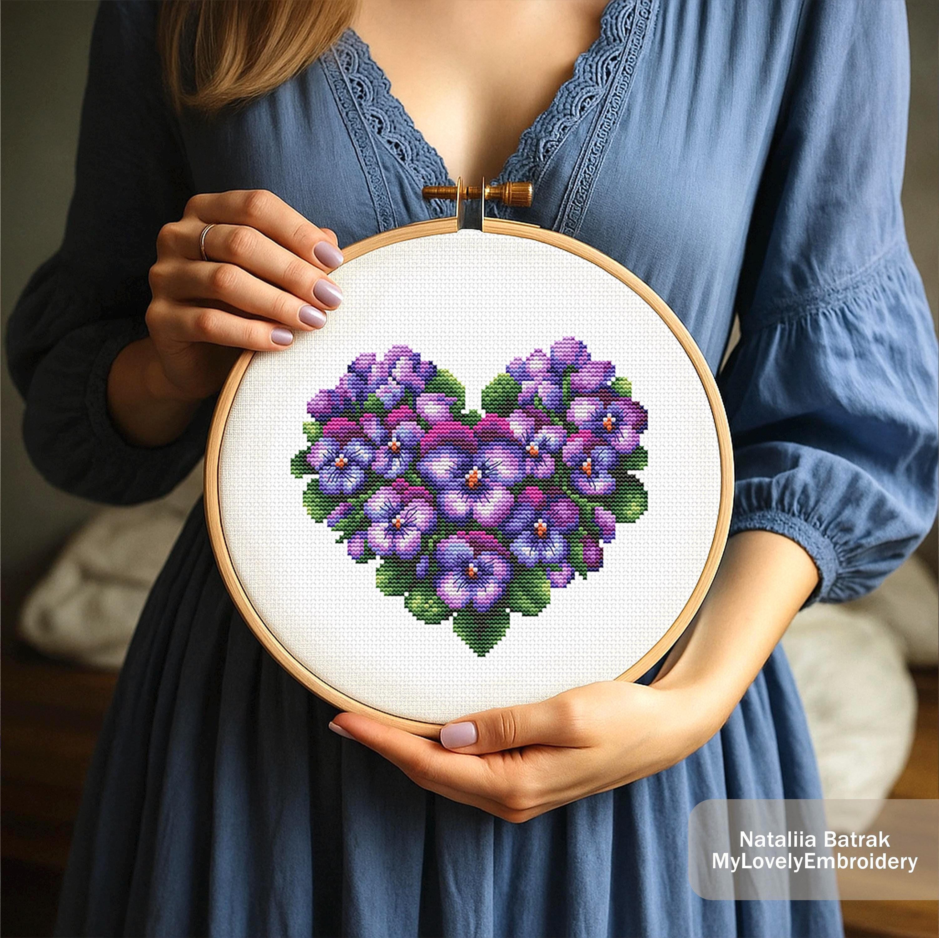 Violet Heart Cross Stitch Pattern: Purple Pansy Floral Design (PDF