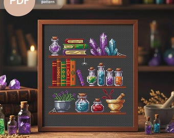 May include: Cross-stitch pattern showing a wooden framed image of a bookshelf with potion bottles, books, and crystals. The image has a dark grey background and is labelled "PDF Cross stitch pattern". The shelves are brown.