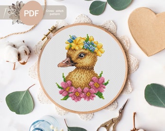 Duckling with Flower Crown Cross Stitch Pattern (PDF Download)