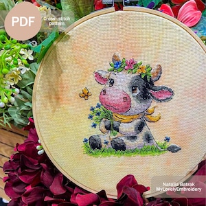 Cow Cross stitch pattern PDF Instant download, Floral cow Cross stitch pattern Cottagecore Embroidery pattern Farmhouse cross stitch