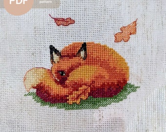 Patrón de punto de cruz de zorro otoñal, bordado animal moderno (descarga PDF)