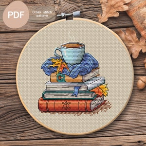 Books And Coffee Cross Stitch Pattern PDF, Instant Digital Download, Autumn Cross Stitch Pattern, Books Lover Cross Stitch Pattern