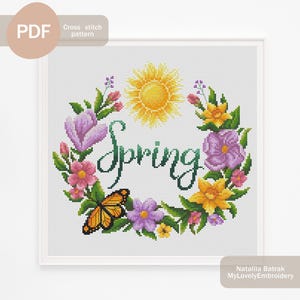 Spring Wreath Cross Stitch Pattern PDF, Instant Digital Download, Flower Wreath Cross Stitch Pattern