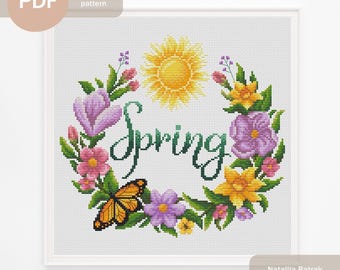 Spring Wreath Cross Stitch Pattern: Floral Butterfly Design (PDF Pattern)