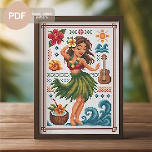 Hawaiian Hula Girl Cross Stitch Pattern PDF Instant Download, Hawaiian Sampler Cross Stitch Pattern with Ukulele, Waves and Tropical Flowers