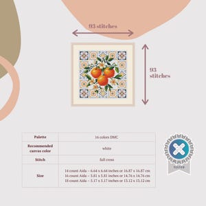 Puede incluir: Patr&oacute;n de punto de cruz con naranjas y flores blancas, enmarcado con un borde decorativo. El dise&ntilde;o utiliza 16 colores y puntadas de cruz completa. Las dimensiones son 16,87 x 16,87 cm, 14,76 x 14,76 cm o 13,12 x 13,12 cm.