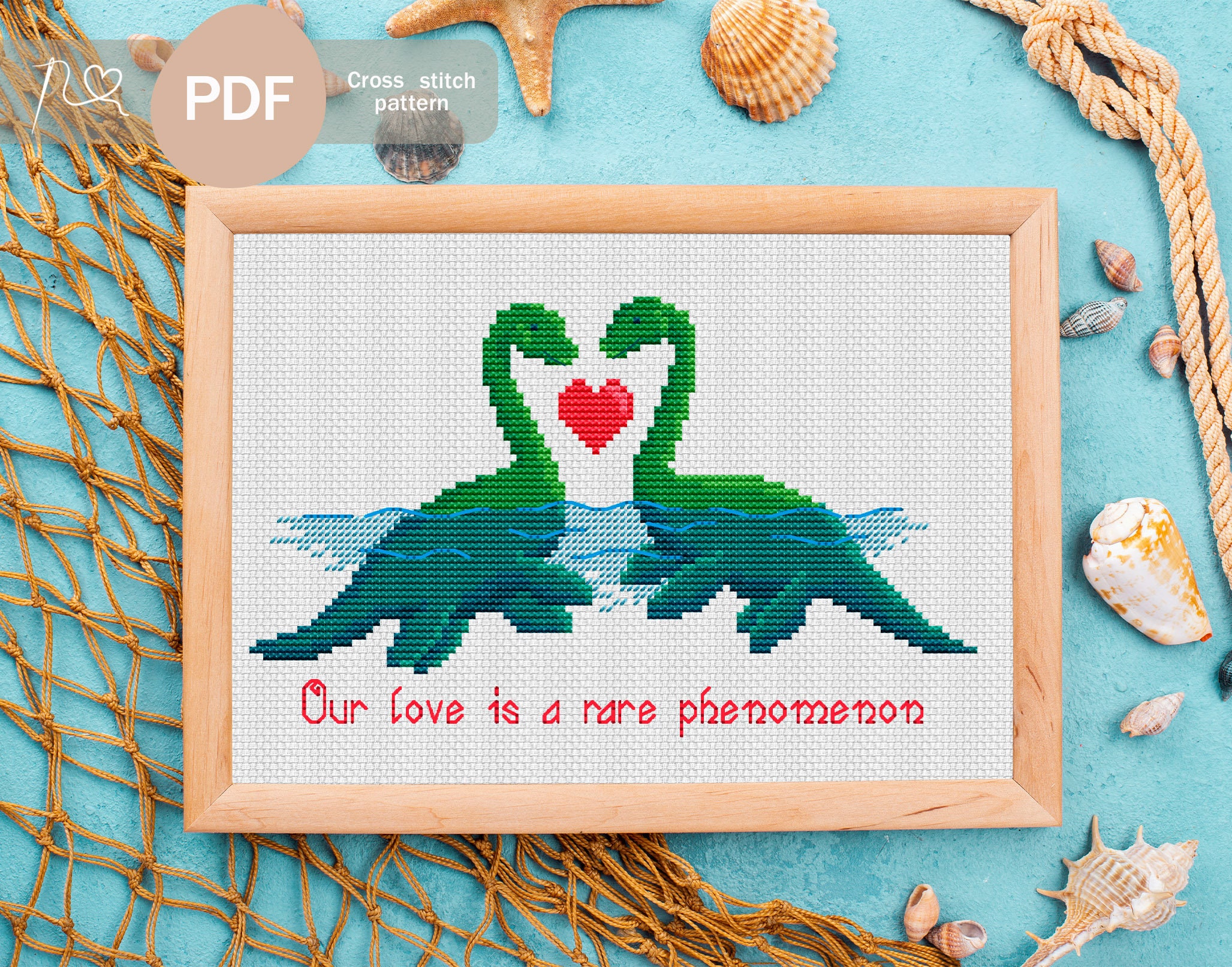 Two Nessie in love Cross Stitch Pattern PDF Instant Digital Download, Nessie Cross Stitch Pattern
