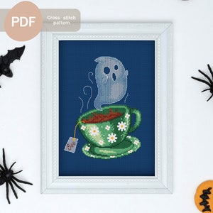 Boo tea Cross Stitch Pattern PDF, Instant Digital Download, Ghost cross stitch pattern, Halloween cross stitch pattern, Halloween decor
