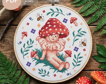 Baby Mushroom Cross Stitch Pattern: Toadstool Child, Whimsical Woodland Sprite (PDF Instant Download)