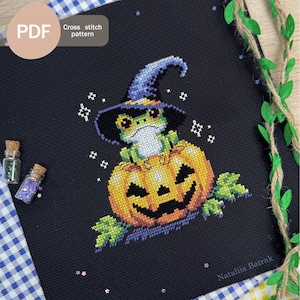 Może przedstawiać: Wzór haftu krzyżykowego przedstawiający zieloną żabę w fioletowym kapeluszu czarownicy siedzącą na dyni. Tło jest czarne z białymi gwiazdami.