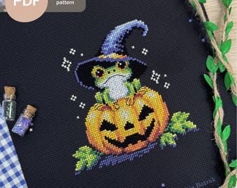 Halloween Frog on Pumpkin Cross Stitch Pattern PDF Instant Download